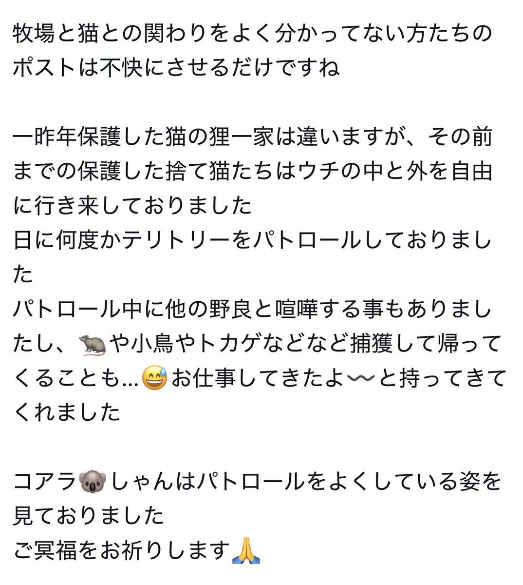 tansan_tsuyome's tweet photo. 牧場と猫との関わりってなんでしょうね
世界自然保護連合(IUCN)によって侵略的外来種ワースト100に選ばれているイエネコを無責任に野に放ち、在来の小動物を狩らせ、轢死させ、冥福を祈る

少し調べればすぐにわかる問題からは目を逸らし、優しさを装い

そういう思考回路を支離滅裂というのですよ https://t.co/GOf9WepBGM