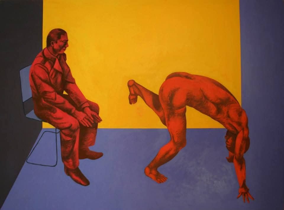 Mscivoi's tweet photo. „Komisja”, 2015, tempera. Z cyklu dyplomowego na ASP w Warszawie.  Obraz o systemie, który ocenia, zanim zdążysz cokolwiek powiedzieć.  #figurativepainting #polishart https://t.co/UzLGoJclIt