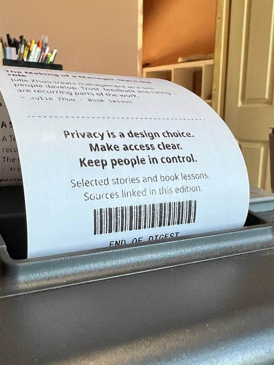 lomzart's tweet photo. My mornings now start with a receipt.

Every day a skill I built in Wisp reads dozens of design and AI sources, picks what matters, and my thermal printer prints one strip.

No feed. No tabs. Coffee and paper. https://t.co/4tRvIRqKGo