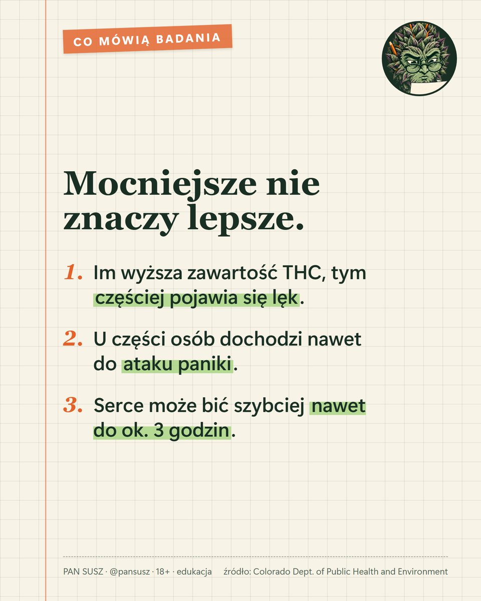 pansusz's tweet photo. 🧪 Mocniejsze nie znaczy lepsze.

Stanowy urząd zdrowia Kolorado zebrał badania: im wyższa zawartość THC, tym częściej pojawia się lęk, a nawet atak paniki. Serce może bić szybciej nawet do ok. 3 godzin.

Myślałeś, że mocniejsze to lepsze?

#THC #konopie https://t.co/Nb7Ne0v8mj