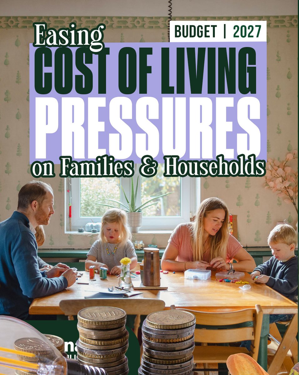 fiannafailparty's tweet photo. In Budget 2027 
Fianna Fáil is supporting families and households under pressure.
Rewarding work. 
Investing in Services. Protecting our future https://t.co/yfM82A8wCb