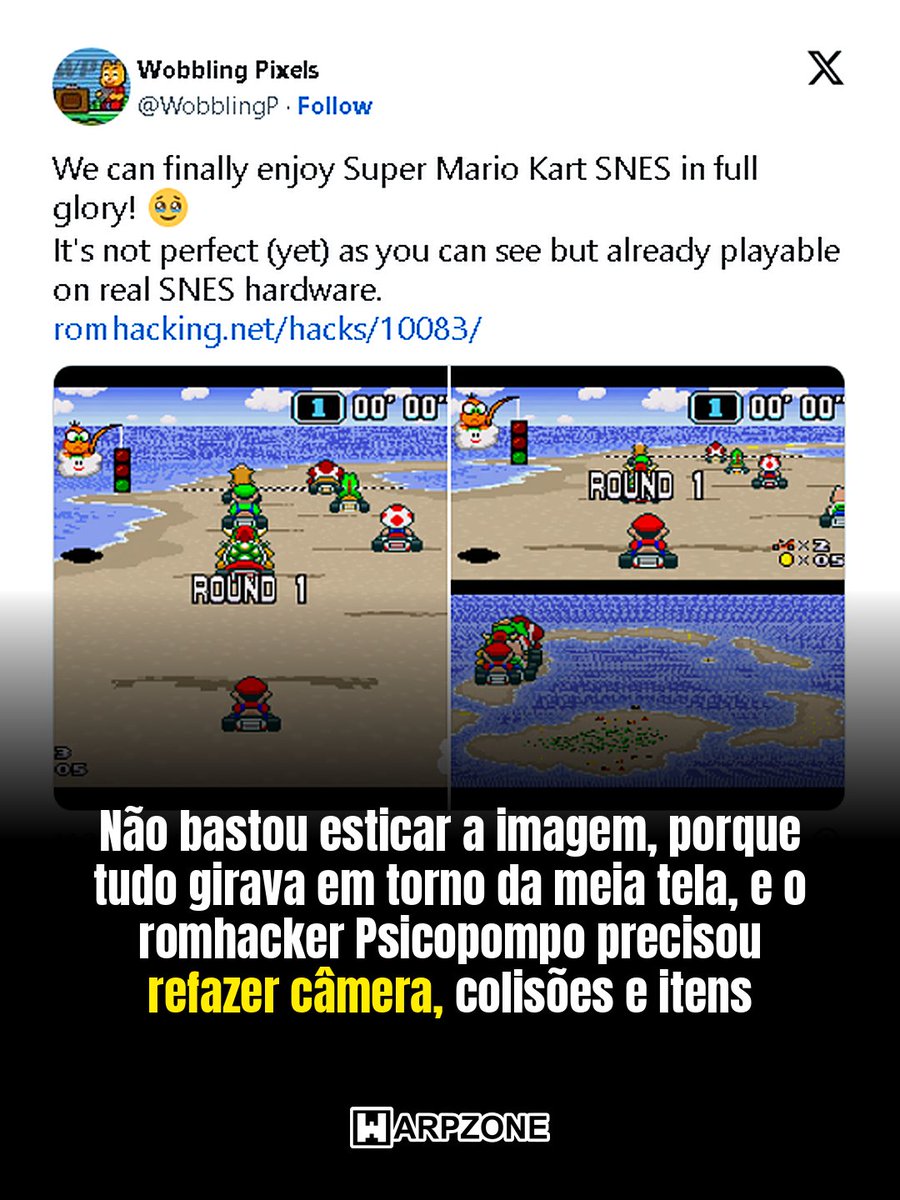 WarpZoneMe's tweet photo. Super Mario Kart ganha tela cheia no SNES com um patch.

#SuperMarioKart #SNES #WarpZone https://t.co/jHjemVwmbw