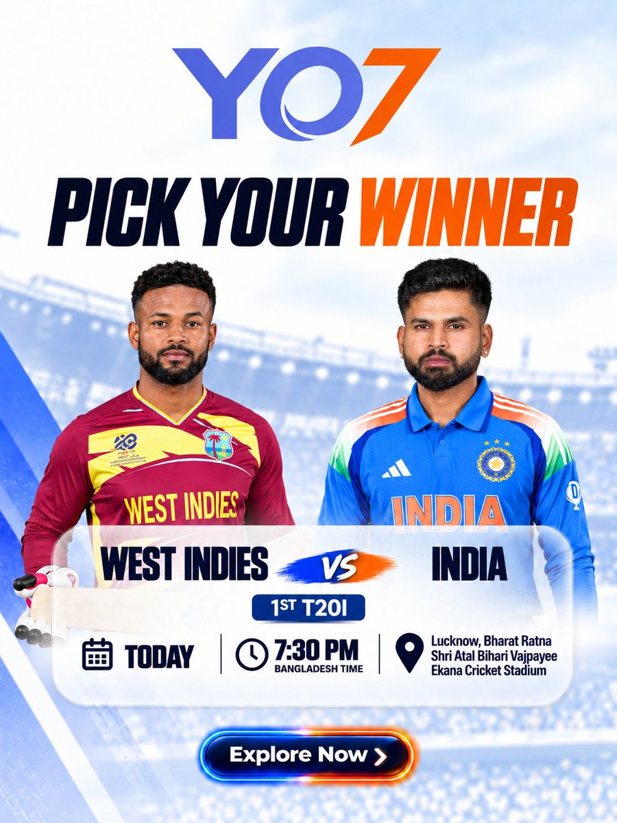 Yo7Official's tweet photo. 📷 India vs West Indies – Pick Your Winner with YO7! 

Cricket fever is on in Bangladesh! Predict the big clash, follow the action, and enjoy the excitement with YO7 Bangladesh. Who’s your pick tonight?

#YO7 #YO7Bangladesh #CricketBangladesh #INDvsWI #CricketFansBD https://t.co/DHOwlSzN4U