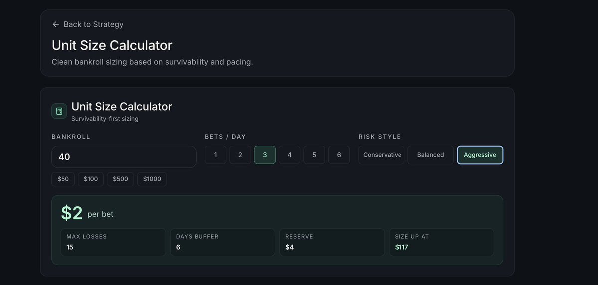 TheOttiesLab's tweet photo. Not sure how to size your bets? 

Use our unit size calculator to help you figure out the best unit sizing for you

It'll even tell you when to size up

https://t.co/pK9VFgrFcv https://t.co/7eqnPqlfah