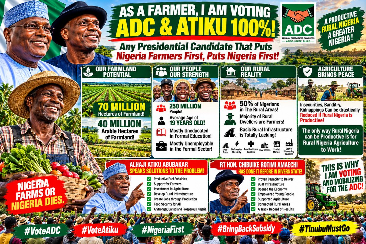 RetsonTedheke01's tweet photo. AS A FARMER, I AM VOTING ADC &amp; ATIKU 100%!

#VoteADC
#ADCSAK
#VoteAtiku
#NigeriaFirst
#TinubuMustGo
#BringBackSubsidy https://t.co/4TX9qm4G4l