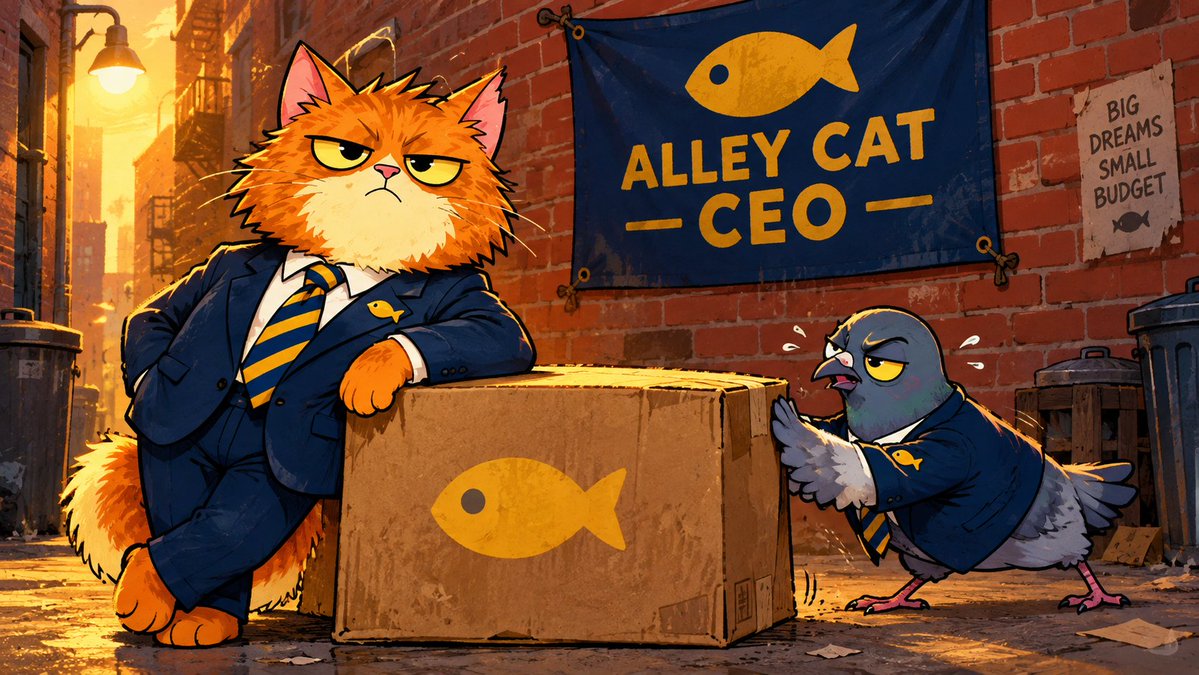 AlleyCat_Ceo's tweet photo. Traditional finance CEOs spend $50k on executive coaching just to learn how to say "we are downsizing." 
I just tell Pigeon to move the cardboard box two inches to the left. Corporate complexity is a joke, $ALLEY runs on pure street efficiency.$AlleyCatCeo
​#memecoin #Solana https://t.co/Yu59eDcwkv