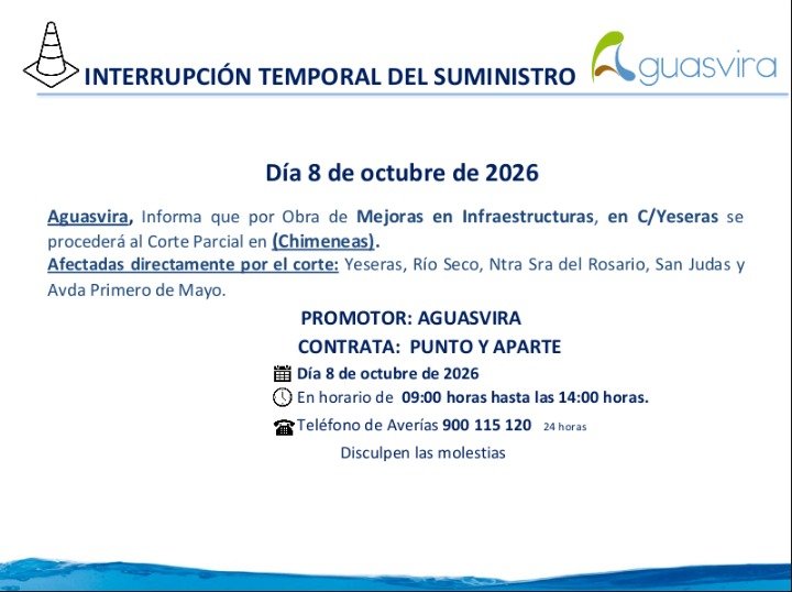 Aguasvira's tweet photo. Corte parcial en #Chimeneas debido a obras de mejora de las infraestructuras.
📅 Jueves 8 de octubre
⏰de 09:00 horas hasta las 14:00 horas.
Disculpen las molestias https://t.co/Ykr3PJI2hA