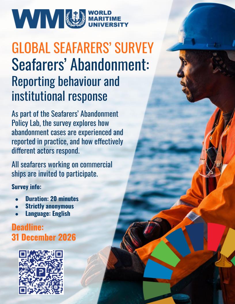WMUHQ's tweet photo. 📋 Global Survey on SEAFARER ABANDONMENT. 
Your input will help build the evidence needed to show where current mechanisms work and where they fall short.
⏱️ 5–20 minutes
🔒 Anonymous and confidential
https://t.co/bEB98rPLMG
@IMOHQ https://t.co/3E47BvfKec