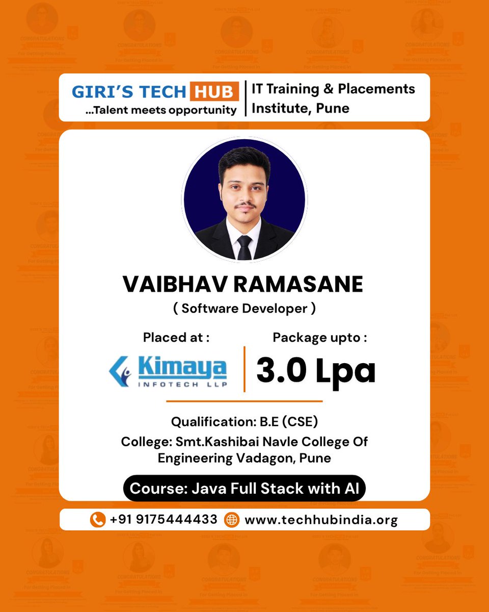 HubGiri's tweet photo. ๐ Congratulations, Vaibhav on Your Job Offer! ๐
Your dedication, consistent learning, and hard work have turned your career goal into a reality.
#Placement2026 #ITJobs #Placements #JavaFullStack #JavaFullStackDeveloper #GirisTechHub #CareerSuccess #ITCareer #JavaDeveloper https://t.co/mXz36v9kcI