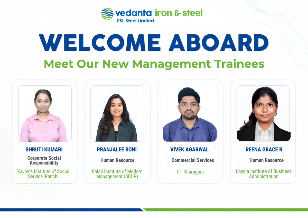 ESLSteelLimited's tweet photo. At ESL, every new beginning brings fresh perspectives and new possibilities.

We warmly welcome our new Management Trainees and look forward to supporting them as they learn, grow, and contribute to our shared journey of excellence.

#TransformingWorkplace #ESL #VISL https://t.co/7yJhfvXoPF