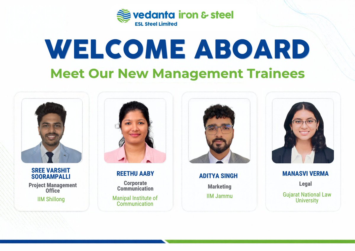 ESLSteelLimited's tweet photo. At ESL, every new beginning brings fresh perspectives and new possibilities.

We warmly welcome our new Management Trainees and look forward to supporting them as they learn, grow, and contribute to our shared journey of excellence.

#TransformingWorkplace #ESL #VISL https://t.co/7yJhfvXoPF