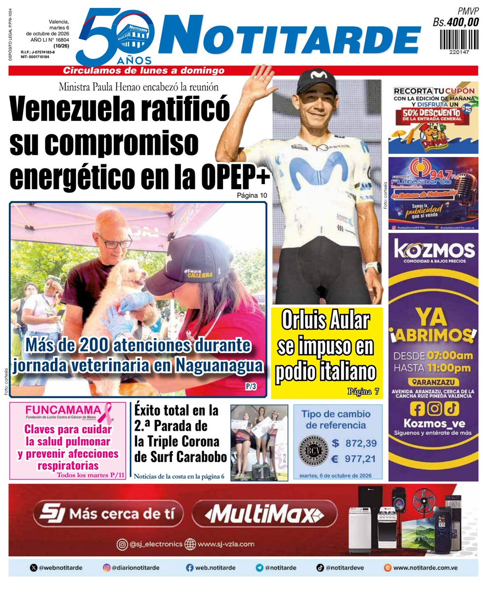 webnotitarde's tweet photo. Buenos días ☀️
Consigue nuestra edición impresa 🗞️
Está disponible para llegar a tus manos este martes #06ct 🙌🏻
📌 Nos encontramos en kioskos de la Gran Valencia, Puerto Cabello, Chichiriviche, Tucacas, Aragua y Cojedes. https://t.co/EgPdzIBKdg