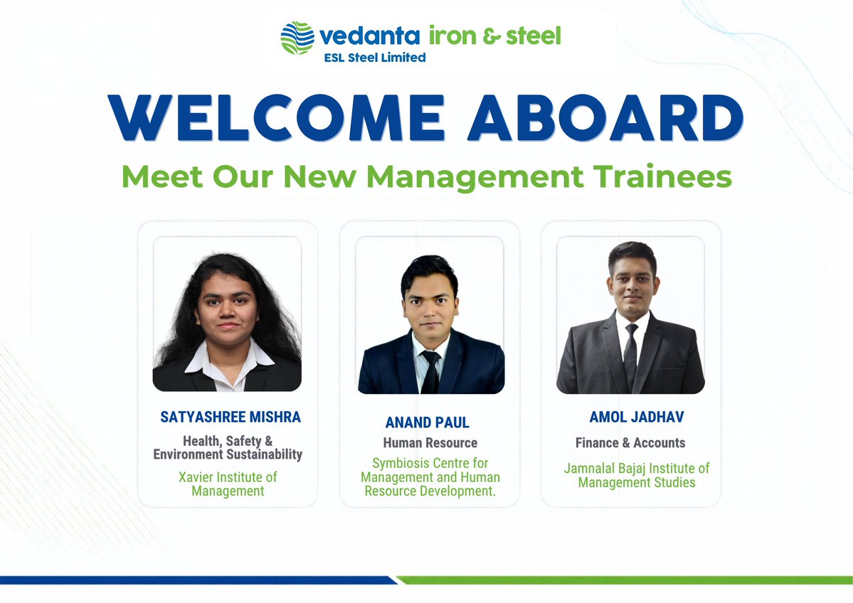 ESLSteelLimited's tweet photo. At ESL, every new beginning brings fresh perspectives and new possibilities.

We warmly welcome our new Management Trainees and look forward to supporting them as they learn, grow, and contribute to our shared journey of excellence.

#TransformingWorkplace #ESL #VISL https://t.co/7yJhfvXoPF