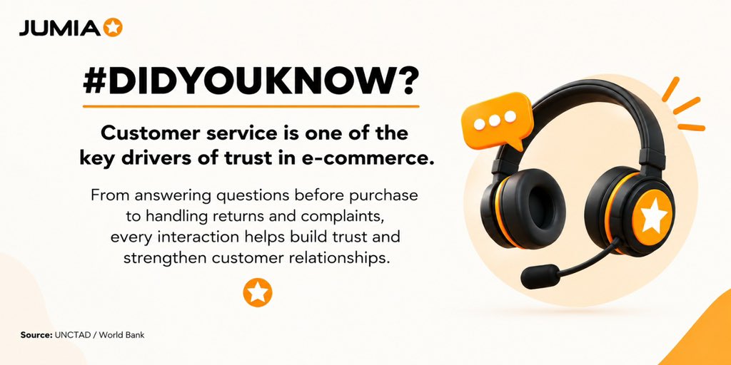 Jumia_Group's tweet photo. 💡DID YOU KNOW?
Customer service is no longer limited to phone calls.
In e-commerce, customers can now connect with brands through live chat, social media, messaging apps and AI-powered chatbots making support more accessible throughout the shopping journey.
Source: UNCTAD / World Bank

#DidYouKnow #Ecommerce #CustomerExperience #DigitalCommerce #Jumia #ecommerceWeek