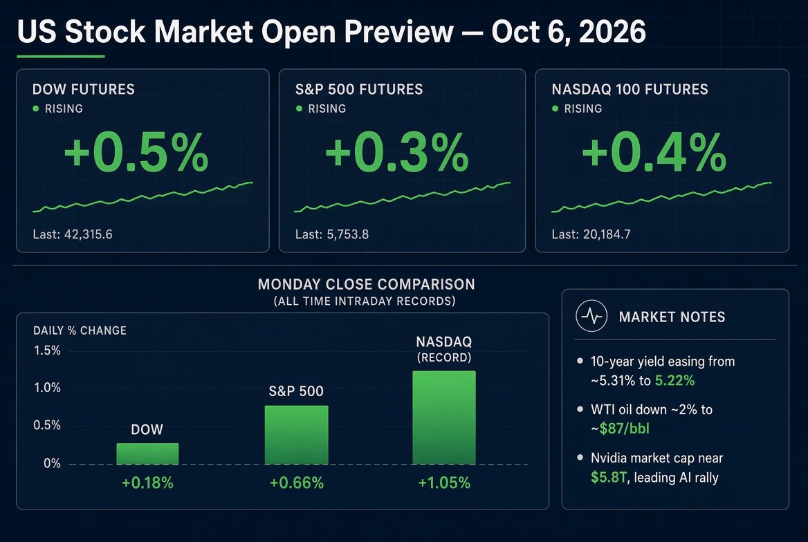 netalaboblog's tweet photo. U.S. stocks look set for a firmer open on Tuesday, with futures higher ahead of the 9:30 a.m. ET regular session.
Monday close: Dow +0.18% to 51,268; S&P 500 +0.66% to 7,774; Nasdaq +1.05% to 27,477, a record close. Nvidia rose about 2%, with a market value near $5.8 trillion.
Premarket futures: Dow futures up about 0.5%, S&P futures up about 0.3%, Nasdaq futures up about 0.4%. Nvidia was up another 0.7% before the open.
Support: the 10-year Treasury yield eased from about 5.31%, and the 30-year pulled back from multi-year highs; WTI crude fell about 2% to around $87.
Focus: the AI trade remains the main driver, with bank earnings next week kicking off reporting season. Today’s watchlist includes U.S. trade data and Fed speakers. Elevated yields remain the main headwind.