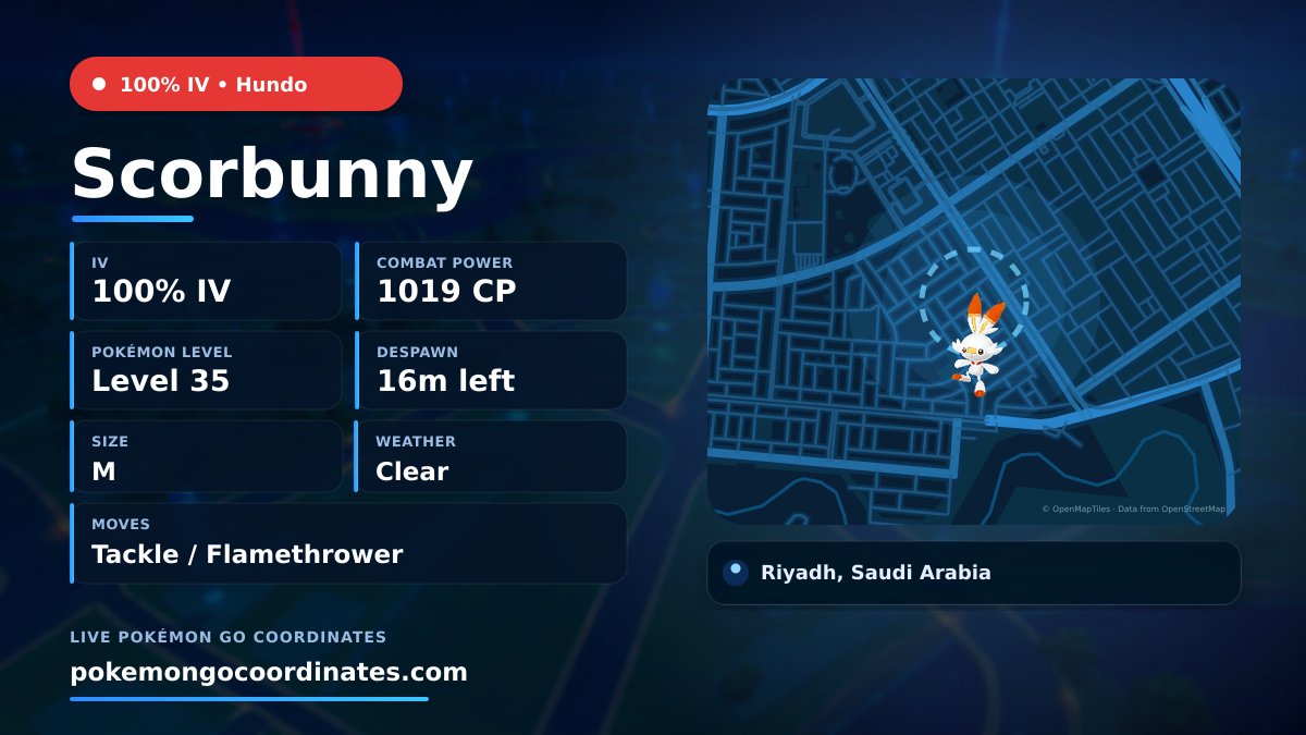 CoordsPokemonGo's tweet photo. #Scorbunny Wild Spawns
π―% IV β’ 1019 CP β’ Level 35
Despawns in 16m
π 24.576948,46.591041
#100IVLevel35 β’ #CommunityDay https://t.co/vuFSF0PsDP