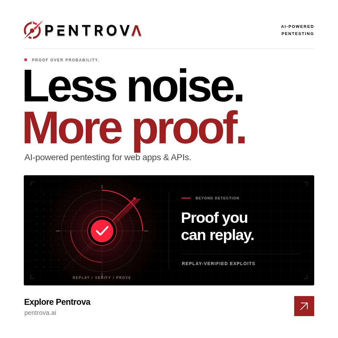 PentrovaAI's tweet photo. Less noise. More proof. 🛡️
Stop wasting time chasing false positives. Pentrova delivers AI-powered pentesting for web apps &amp; APIs with replay-verified exploits.
Actual proof over probability. 👇
🌐 https://t.co/ZPCFjyn9dc
#Cybersecurity #Infosec #AI #Pentesting https://t.co/6U2lOU3uyA