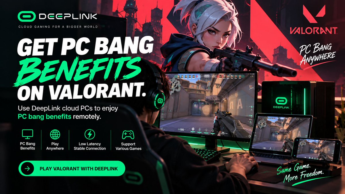 DeepLinkGlobal's tweet photo. Want VALORANT PC Bang benefits without going to a PC Bang? 🎯 

 Access a DeepLink cloud PC remotely and play wherever you are. 

 #DeepLink #VALORANT #PCBang #CloudGaming #RemoteGaming #Gaming https://t.co/ELYxKcCZa5