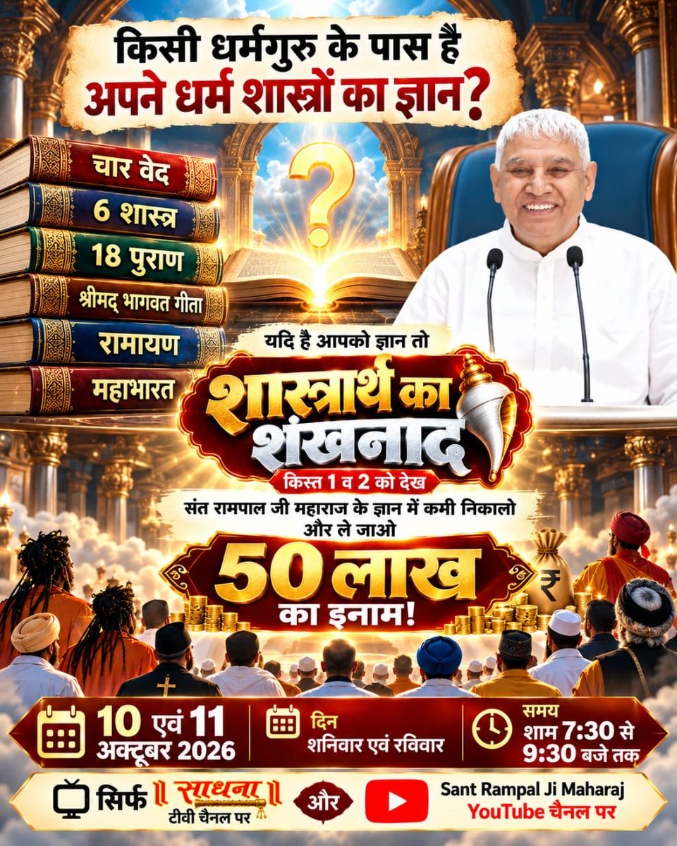 vinod_sahu1993's tweet photo. #शास्त्रार्थ_का_शंखनाद_10_Oct
क्या किसी धर्मगुरु के पास संपूर्ण शास्त्र ज्ञान है? Sant Rampal Ji Maharaj जी का खुला शास्त्रार्थ आमंत्रण। ज्ञान में कमी निकालो, 50 लाख इनाम ले जाओ। 10-11 अक्टूबर 2026, शाम 7:30 से 9:30, साधना टीवी और YouTube चैनल पर देखें।
50Lakh By Sant RampalJi https://t.co/KdaTrLPZaI