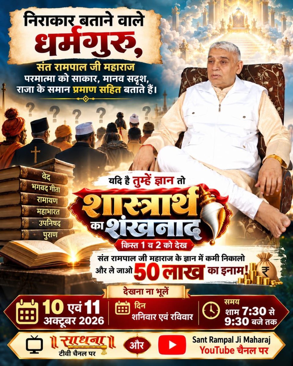anitada23854181's tweet photo. #शास्त्रार्थ_का_शंखनाद_10_Oct
𓂃 ࣪˖ ִֶָ🌙
रामायण की कथा तो बह���त सुनी…
अब उसके भीतर छिपे सृष्टि के रहस्य भी जानिए।
✦ 10–11 अक्टूबर | 7:30 PM🖥️🖥️
50Lakh By Sant RampalJi https://t.co/8W8mqF6FuN