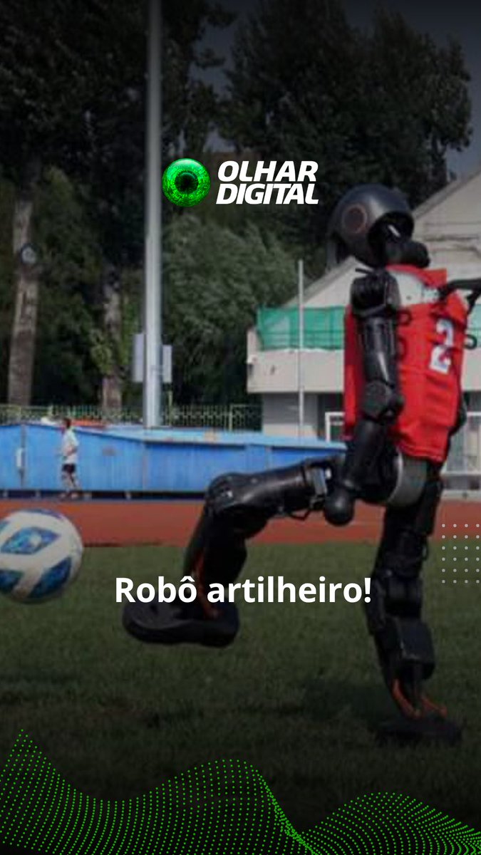 A humanoid robot wearing a red jersey kicking a soccer ball on a sports field, with text reading 'Robô artilheiro!' and 'OLHAR DIGITAL'.