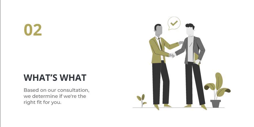 Illustration of two professionals shaking hands to represent the alignment phase of the Levo Process, where both sides determine whether the partnership, goals, and expectations are the right fit before moving forward.