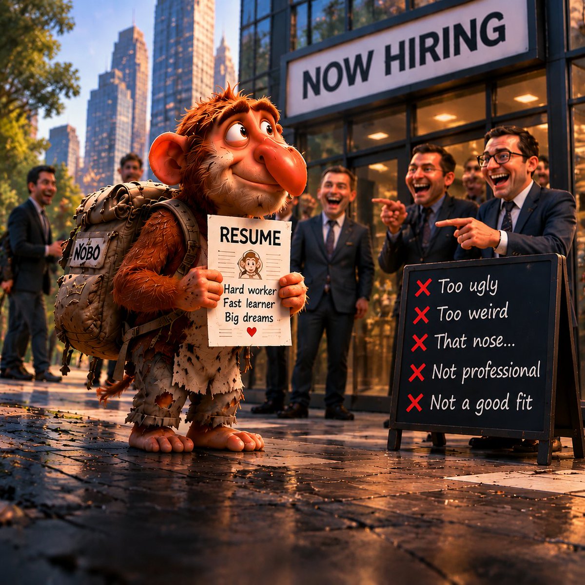 NoboTheMonkey's tweet photo. NOBO came to the city with one thing...

A dream. 🐒

He walked from door to door.

Resume in his hands.
Hope in his heart.

"I just need one chance." https://t.co/WKgYcdnewY