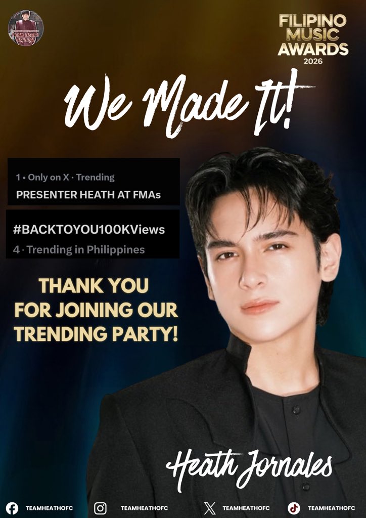 TeamHeathOfc's tweet photo. We made it!❤️🔥

Thank you to all the Moyers, Buzzbears and Shippers who joined us tonight! We appreciate all your love for Heath!

Heath Jornales shines as a presenter at the Filipino Music Awards 2026, and our love made waves across here on X!

All for Heath!

PRESENTER HEATH AT FMAs
#BACKTOYOU100KViews