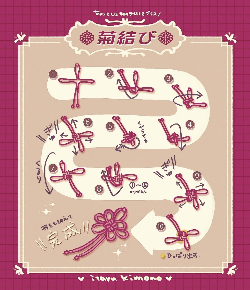 itaru_kmn's tweet photo. 帯紐、帯締めで作る「菊結び」の結び方です。
カラビナをつけてバックにつけたり寝付けにしてもかわいいです❤️🩷💜

ダイソーさんにある200円の帯紐だとカラーも豊富で和テイストの推しコーデのワンポイントにも最適です✨
持て余してる太めの丸組紐等で作ってもかわいいですよ✨

#itarukimono https://t.co/P9xk4MXO1R