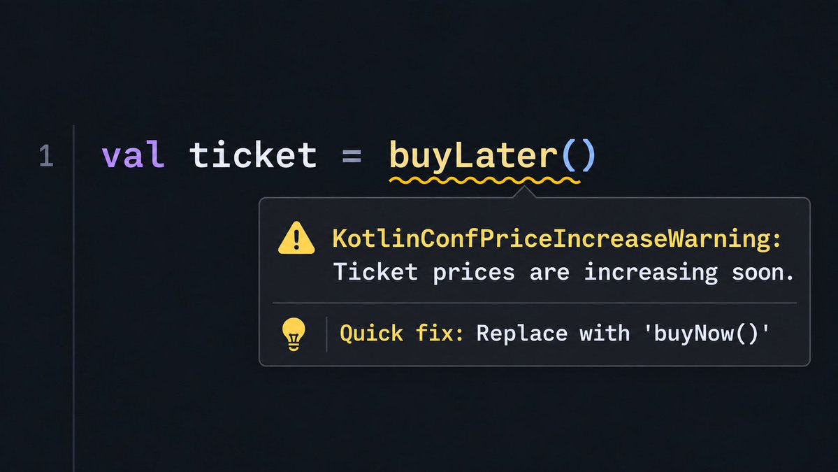 kotlinconf's tweet photo. This is one more error you can fix before it even happens: KotlinConf 2027 ticket prices are increasing soon! 

Get yours now and join us in Kraków, Poland, April 21–23: https://t.co/HUAgsq6fZh https://t.co/1xMkwVlZwh
