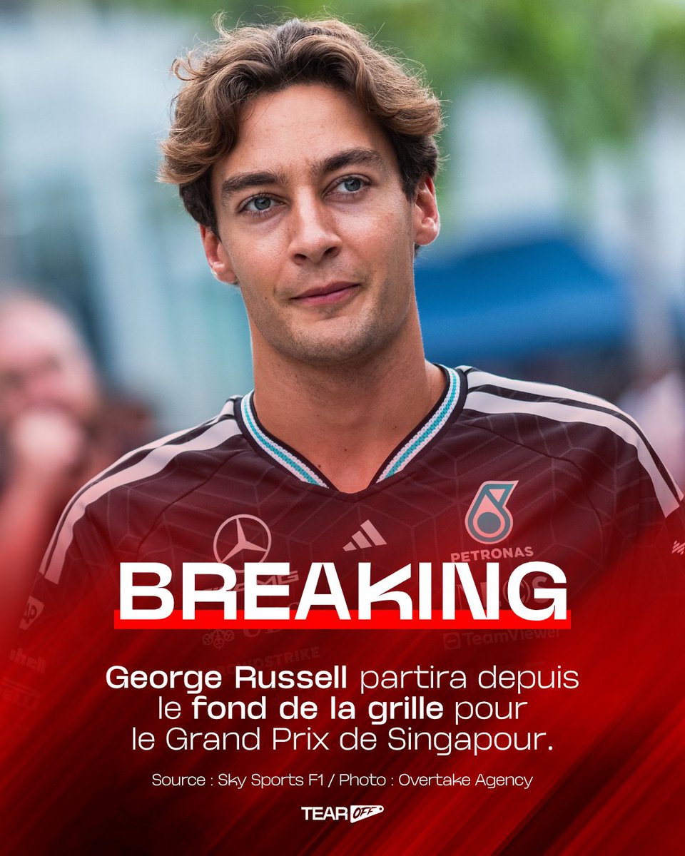 TearOffFR's tweet photo. 🚨 OFFICIEL !

George Russell prendra le départ du Grand Prix de Singapour depuis le fond de la grille, après un changement de son unité de puissance.

Un nouveau coup dur pour le Britannique dans la course au titre, après son abandon au Grand Prix de Bahreïn en Malaisie le week-end dernier 😕 

#F1 #SingaporeGP