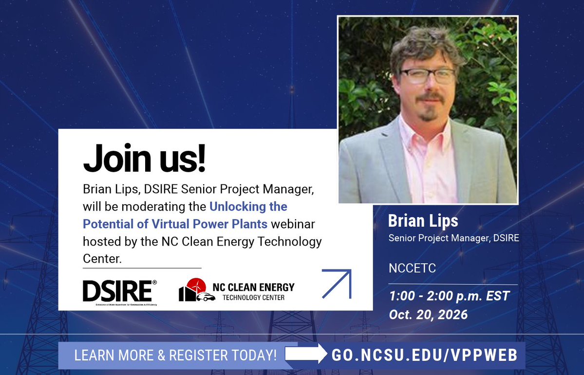 NCCleanTech's tweet photo. 📣 NCCETC is launching State of Play with DSIRE, a new quarterly webinar series!

Join us October 20 from 1-2 pm as we kick off the series and explore the growing potential of virtual power plants and the policies shaping their development.

Register FREE: https://t.co/iMkueJUB1K https://t.co/m9xUdl26X2