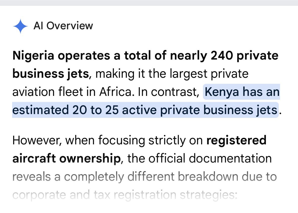 The_Neighbor_Ng's tweet photo. Nigeria 🇳🇬 has the largest private jet fleet in Africa with nearly 240 luxury jets

The only thing flying in Kenya 🇰🇪 is birds and tea dust https://t.co/Y9f0KzF41H