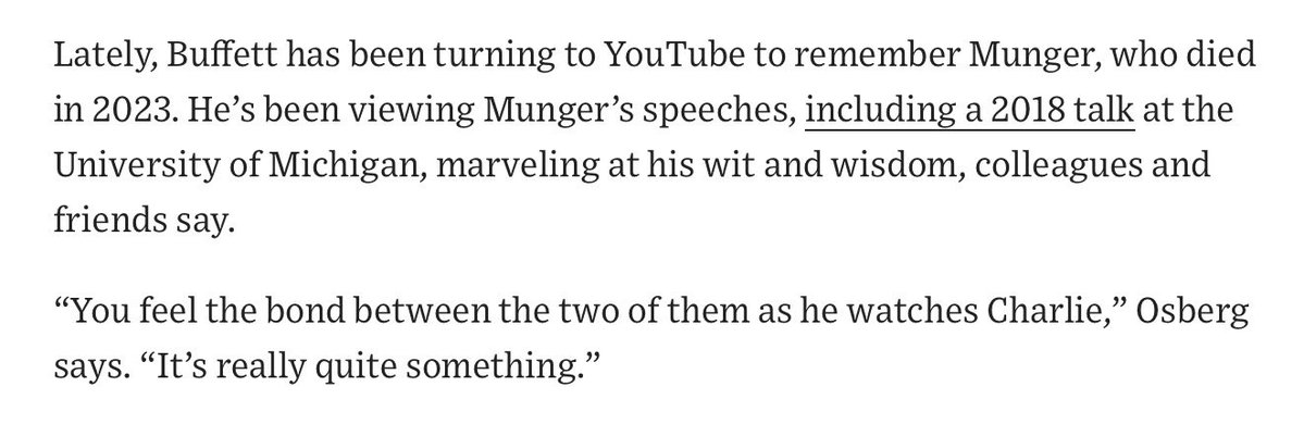 kejca's tweet photo. Warren Buffett, as it turns out, is a big YouTube watcher.

The WSJ has a great story today about his eclectic viewing habits. Buffett often ends up down the YouTube rabbit hole like we all do — and, recently, has been binging Charlie Munger clips and speeches. https://t.co/j5J5X66MjD