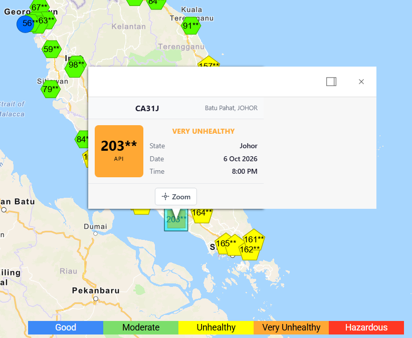 IzzraifHarz's tweet photo. Bruh the haze condition has REALLY worsen in Semenanjung. As of 8pm, Batu Pahat, Johor has surpassed API reading of 200, which could mean school closure (if we refer to previous statement by the govt).

Most other areas in southern Semenanjung also above 150+. Take care everyone! https://t.co/KYsI37GIVm
