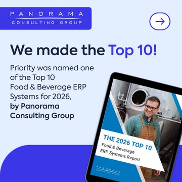 A promotional graphic from Panorama Consulting Group announces 'We made the Top 10!' with Priority named as one of the Top 10 Food & Beverage ERP Systems for 2026.