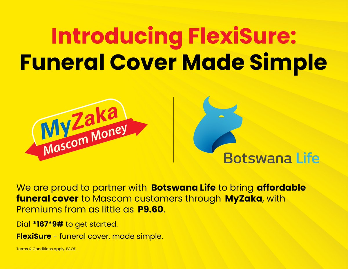 MascomWireless's tweet photo. We are proud to partner with Botswana Life to bring affordable funeral cover closer to you through MyZaka.

With the MyZaka Flexisure Funeral Plan, you can access funeral cover from just P9.60 per month, providing you and your loved ones with added financial protection when it matters most.

Dial *167*9# today to get started.

#MyZaka #Number1BecauseOfYou
