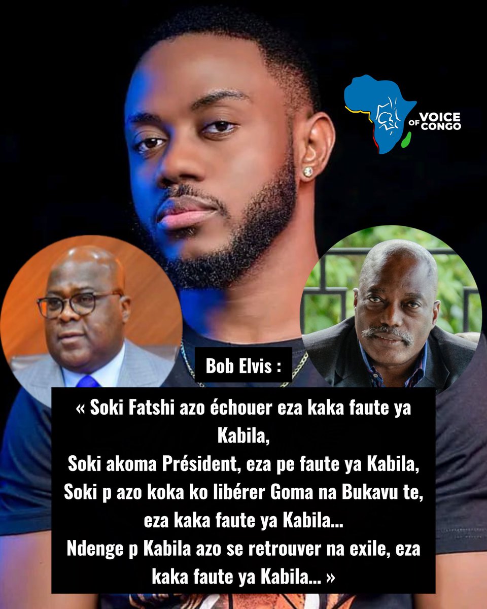 VoiceOfCongo's tweet photo. Bob Elvis frappe fort avec son nouveau morceau : 

« Soki Fatshi azo échouer eza kaka faute ya Kabila,
Soki akoma Président, eza pe faute ya Kabila,
Soki p azo koka ko libérer Goma na Bukavu te, eza kaka faute ya Kabila…
Ndenge p Kabila azo se retrouver na exile, 
eza kaka faute ya Kabila… »