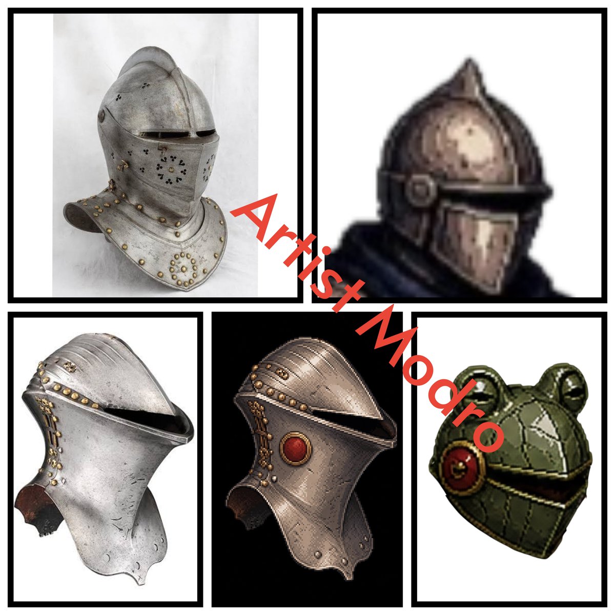 ArtistModro's tweet photo. How the Ribbit Knight evolved. 🐸

Started with the armet + frog-mouthed helmet as my base, with Dark Souls inspiration.

Later, Naruto's frog summons inspired the frog theme — fitting since he uses Ki/Chakra.

Left → right: the evolution.
#SVETLOBA #indiedev #gamedev https://t.co/Qj8NIYxX0J