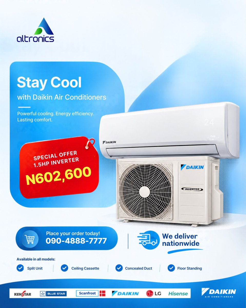 ALTRONICSnig's tweet photo. ❄️ Stay Cool. Stay Comfortable. Choose Daikin. 💙
🚚 Nationwide delivery
📲 Place your order: 090-4888-7777
Your comfort is one order away. Shop with Altronics today! 🛒❄️
#AltronicsLimited #DaikinAC #ACDeals #InverterAC #NationwideDelivery https://t.co/w8eJJ1Uby2