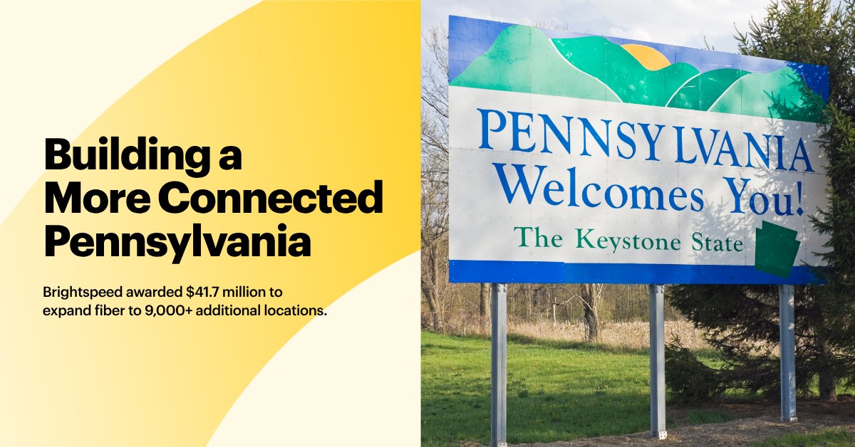 gobrightspeed's tweet photo. More Pennsylvania communities are getting closer to the connectivity they deserve.

Brightspeed has been awarded $41.7 million in federal BEAD funding to help extend our fiber network to more than 9,000 additional homes and businesses across Pennsylvania.

The funding is part of more than $448 million in BEAD awards recently announced by the Pennsylvania Broadband Development Authority to expand high-speed internet access across 50 counties.

For us, the impact goes well beyond the numbers. It means more students able to learn from home. More small businesses able to compete and grow. More families able to access healthcare, job opportunities and essential services online.

And it builds on the work already underway as we continue expanding our fiber network across Pennsylvania.

This is what closing the digital divide looks like: community by community, connection by connection.

#Brightspeed #Pennsylvania #Broadband #FiberInternet #DigitalDivide
@PADCEDnews