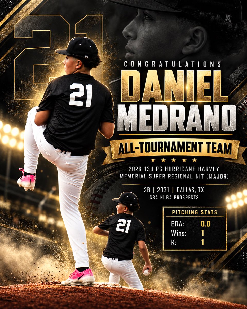 Nubabaseball's tweet photo. Twitter / X:
    Congratulations to Daniel Medrano on earning PG All-Tournament Team honors at the 2026 13U Hurricane Harvey Memorial Super Regional NIT. 🔥⚾️

0.00 ERA | 1 Win | 1 K

Another strong weekend for Daniel and the SBA NUBA Prospects. 🏆

#PerfectGame #NUBABaseball https://t.co/twmyNPeseN