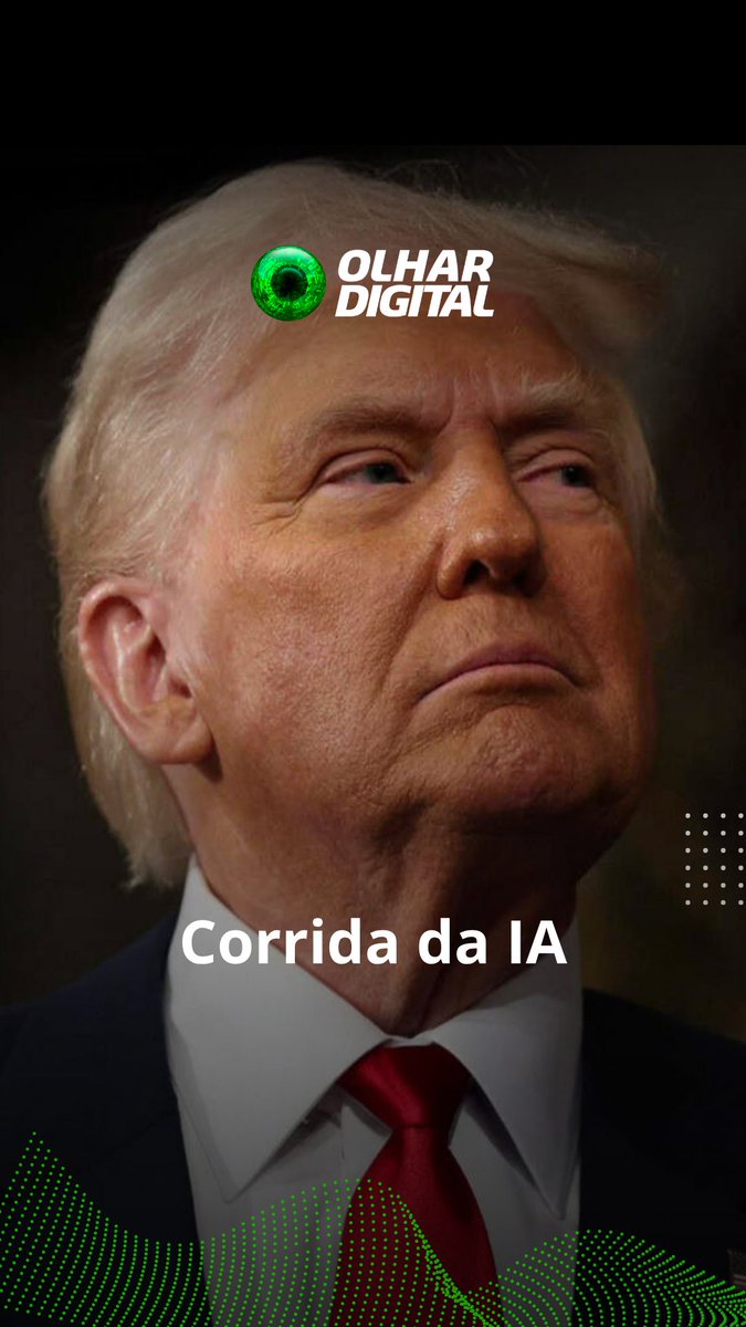 A close-up portrait of Donald Trump in a suit and red tie, looking serious, with the "Olhar Digital" logo featuring a green eye and the text "Corrida da IA" at the bottom.