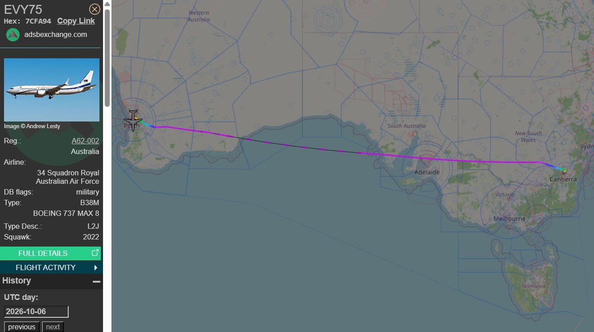 raaf_vip's tweet photo. With Richard Marles on board for the Land Forces Expo.

Boeing 737 MAX 8 BBJ // A62-002 // Envoy 75

Route: Canberra (CBR) - Perth (PER)
🛫: 01:54 UTC on 06/10/2026
🛬: 06:12 UTC

#RAAF #AusAirForce #A62002 #Perth https://t.co/MTEZ2NjpVE