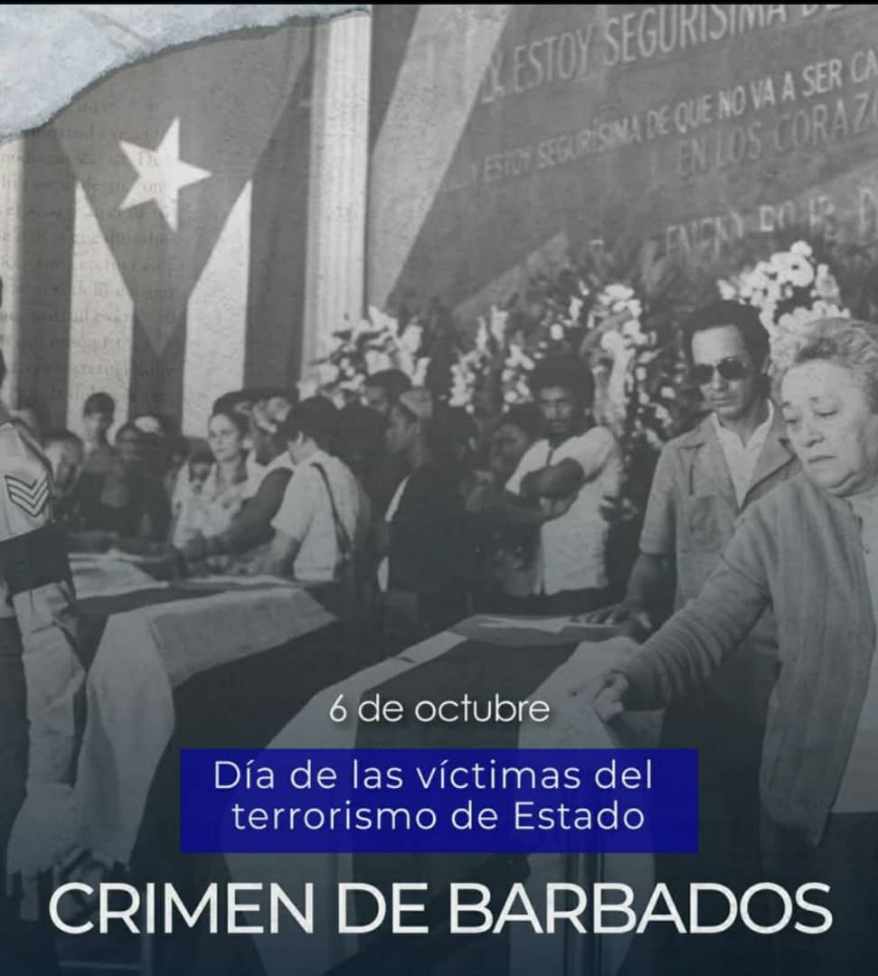 AduanaJM's tweet photo. A 50 años del Crimen de Barbados, #Cuba no olvida. #Cuba denuncia. #Cuba recuerda.

El terrorismo arrebató la vida de 73 personas inocentes, pero no pudo borrar sus nombres ni sus sueños.

Hoy,como ayer,alzamos la voz contra el terrorismo en todas sus formas y manifestaciones. https://t.co/7voDdcicJH