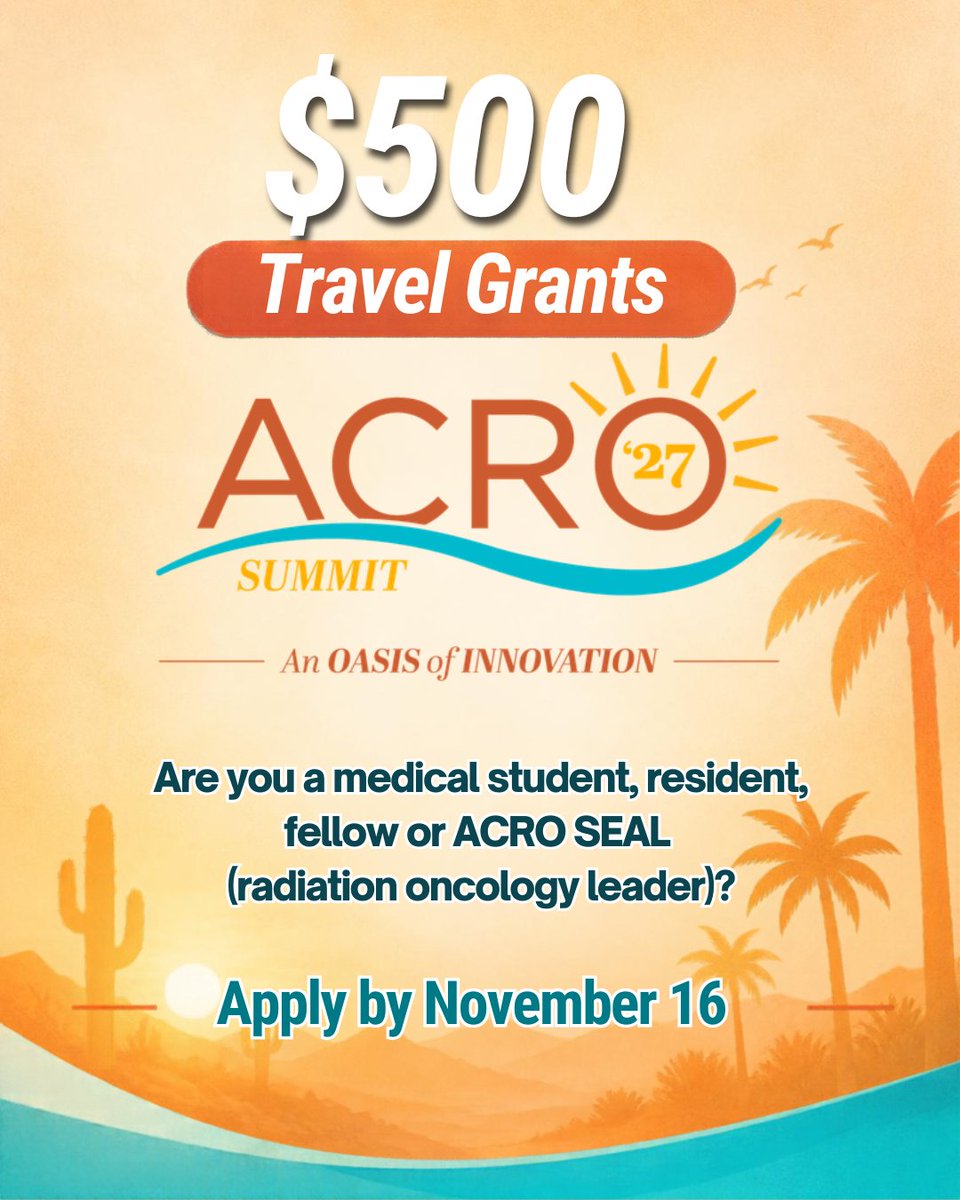 ACRORadOnc's tweet photo. With the support of the International Society for Therapeutic Radiology & Oncology (ISTRO), ACRO is providing up to 15 travel grants of $500 each to attend #ACRO2027!
Med students, residents and ACRO SEALs (#radonc leaders) who are ACRO members are invited to apply before Nov. 16.
Learn more and apply at https://t.co/vO70lfiZei