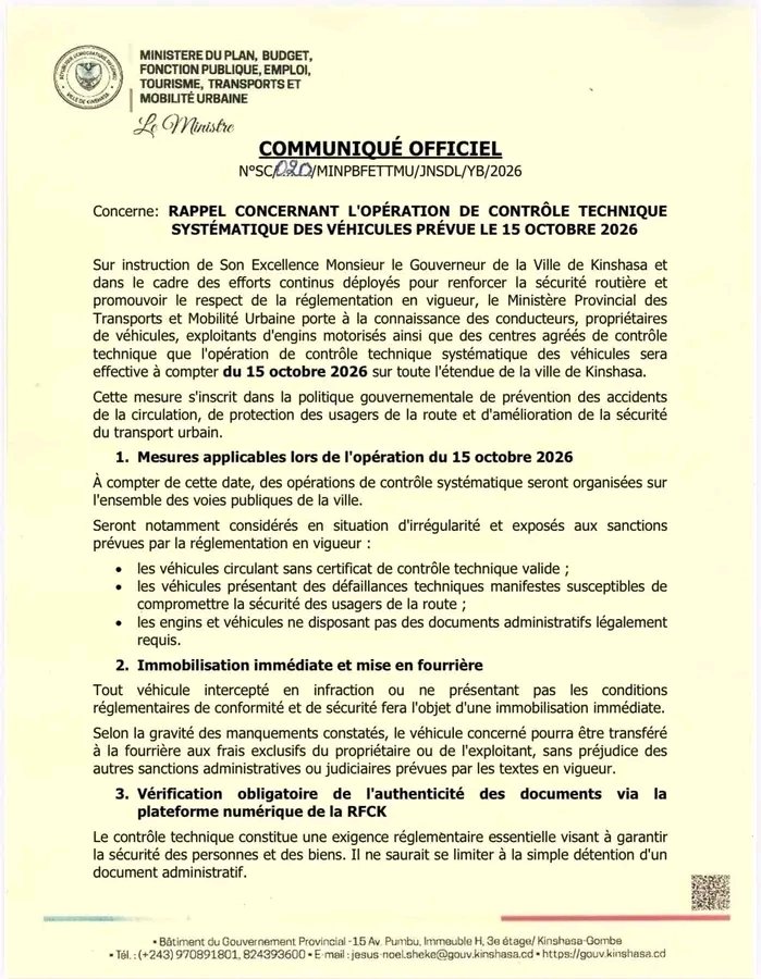 JouRevelateur's tweet photo. Kin : le contrôle technique systématique des véhicules démarre le 15 octobre !

Le contrôle technique systématique des véhicules sera effectif à partir du 15 octobre 2026 sur l’ensemble des voies publiques de Kinshasa. Mesure annoncée par le ministère provincial des Transports https://t.co/HNod49y9qi
