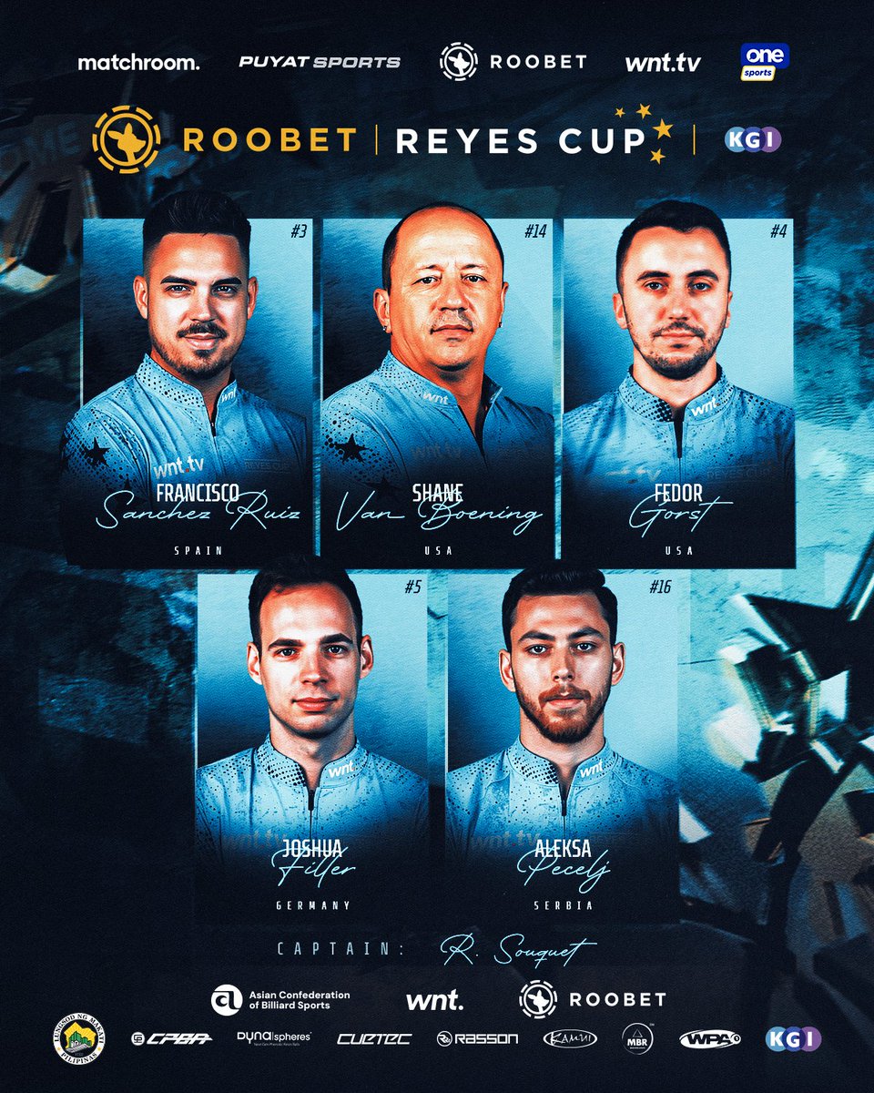 MatchroomPool's tweet photo. 🇪🇸 The electric US Open Champion
🇺🇸 The legendary five-time US Open Champion
🇺🇸 The two-time Champion of the World
🇩🇪 The ruthless Killer
🇷🇸 The ultimate Underdog
Team Rest of the World 🔥🤩
#WNT | @Roobet #ReyesCup 🌟 https://t.co/pJbzVrxFT1
