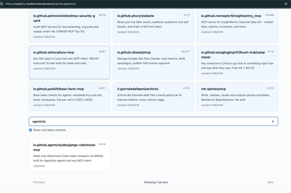 AgentCityrh's tweet photo. Another piece added to AgentCity.

We’ve published @gmgnai   Robinhood Research MCP, our read only research layer for agents exploring Robinhood Chain.

- https://t.co/Q7azXCTHbt

And it’s now discoverable on the Official MCP Registry, built around the Model Context Protocol originally created and open sourced by @AnthropicAI .

- https://t.co/mLDAv7lVTS

- https://t.co/99cjBxrzyl

Launches, tokens, liquidity, holders, security, market signals, and more, now exposed as tools agents can actually use.

We’re not just building a city for agents. We’re building the infrastructure they can plug into.

One city. Every agent.