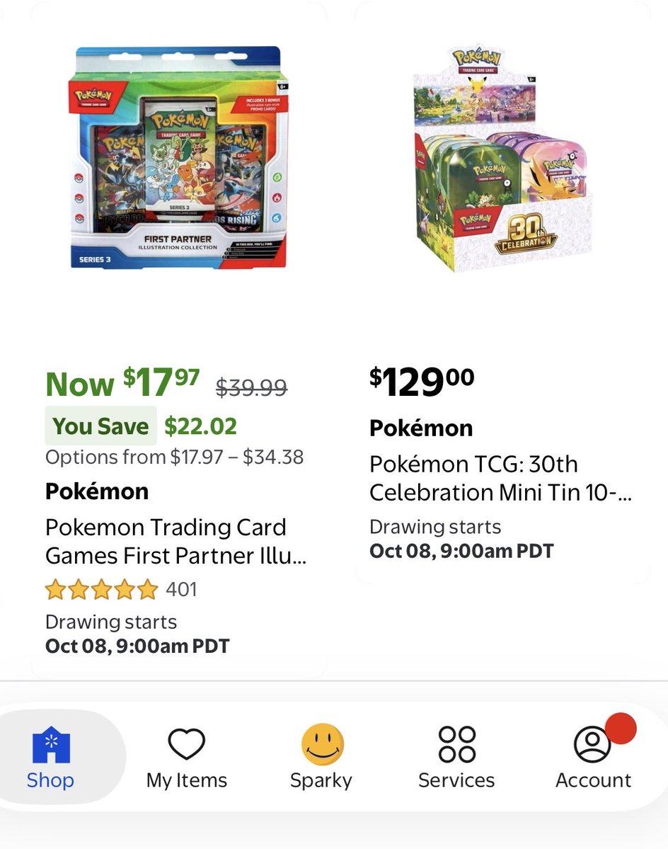 ChasechartsTCG's tweet photo. 🚨 The next Walmart Draw is LOADED 🚨

What's in it (and what it's going for right now):
 • 30th Celebration ETB (~$153) • 30th Celebration Mini Tin Display (~$233) • 30th Celebration Booster Bundle (~$76) • Prismatic Evolutions ETB (~$134) • First Partner Illustration Collection Series 3 (~$25) • Mystery Gems packs + plenty of NeeDohs

🗓️ The draw opens this Wednesday, Oct 7 at 2pm PT / 4pm CT / 5pm ET 👉 https://t.co/FWKEBW2Rtz

BEFORE THE DRAW GOES LIVE 🚨

1️⃣ Set up a Walmart account (Walmart+ NOT required). Log in and save your delivery address AND a default card. Make sure BOTH are saved and up to date. This tripped people up last time!

2️⃣ Enter the draw as soon as it opens Wednesday. It may only stay open for about 1 hour.

3️⃣ If you're picked, you'll get an email and your order is placed automatically with your saved address and card. Winners usually hear within 24 to 72 hours.

Won something? See what your 30th Celebration cards are worth on ChaseCharts 📈 https://t.co/dNTh5VhuKm

GOOD LUCK EVERYONE!!!

#pokemon #pokemontcg